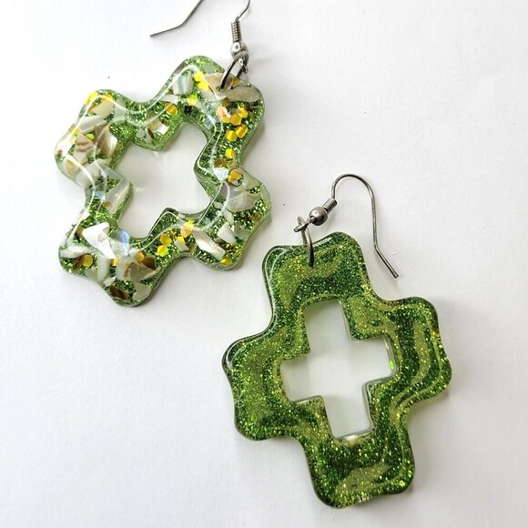 Sparkly Green Earrings Geometric Shape Earrings or Cross Shape Earrings - Picture 3 of 7